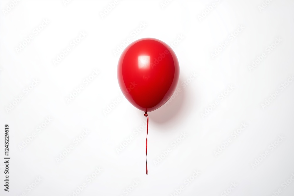 Poster a single red balloon floating in a completely white background.