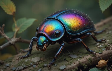Naklejka premium A close-up of a colorful beetle on a muted green background with leaves and twigs