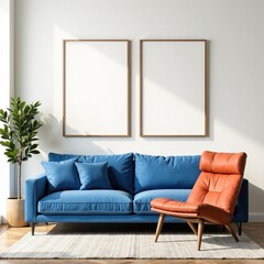 Modern Living Room with Blue Sofa and Terracotta Chair