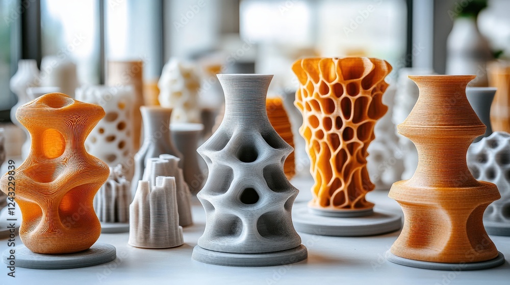 Poster colorful 3d-printed vases displayed on a table with natural light and artistic background
