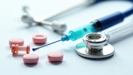 Medical Supplies Top-Down View - Tablets, Enema, Syringe, Stethoscope