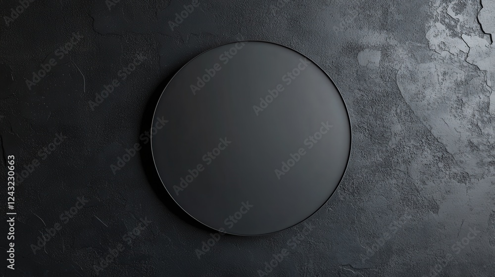 Poster minimalist empty circle signboard on black wall with textured surface for abstract backgrounds and c