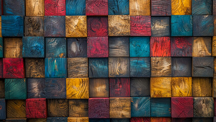 Colorful wooden blocks arranged in a decorative pattern on a wall