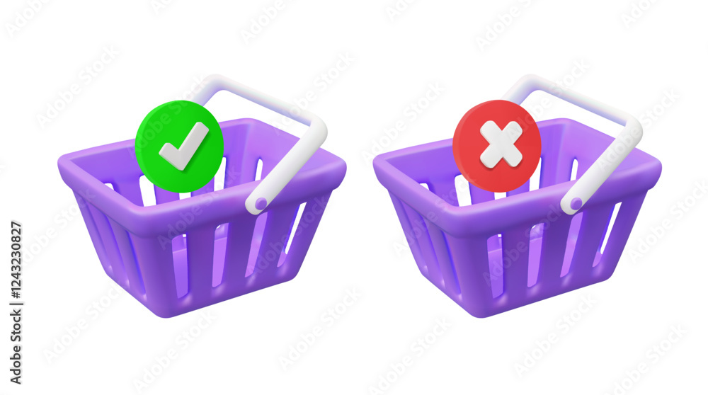 Poster 3d vector render illustration of shopping cart icon. two purple minimalist with check mark and cross