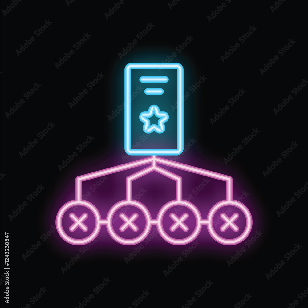 Poster glowing neon icon representing a centralized network with a main hub connected to multiple nodes, al