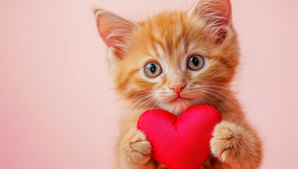 Cute orange kitten holds red heart on soft pink background to express affection and warmth