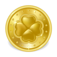 Saint patrick's day gold coin clover isolated on white background. Vector illustration