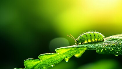Fototapeta premium A close-up of a vibrant green caterpillar resting on a leaf, surrounded by soft green hues and water droplets, capturing the beauty of nature.