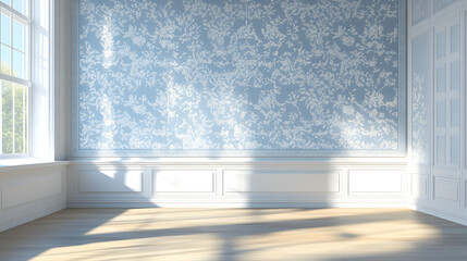 
French style wallpaper on a wall in an empty room, perspective in full-face, vector illustration style



