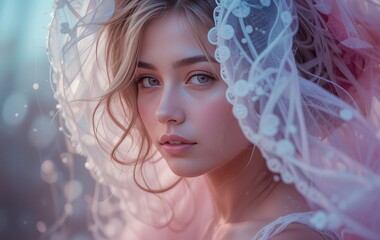 An ethereal portrait of a woman with dreamy hues and a serene expression