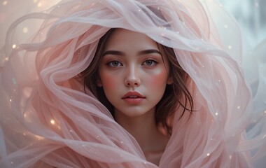 An ethereal portrait of a woman with dreamy hues and a serene expression