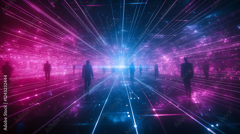 Poster futuristic virtual reality space with silhouetted figures in a neon digital grid illuminated by pink