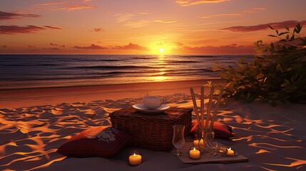 Romantic Beach Picnic at Sunset with Golden Hues and Ocean View