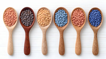 Colorful lentils in wooden spoons on white wood. Food photography for recipe blogs
