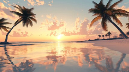 Summer island palm tree sea sand beach. Panoramic beach landscape. Inspire tropical nature seascape horizon. Orange golden sunset sky clouds. Tranquil shore relax beachfront resort. Vacation travel