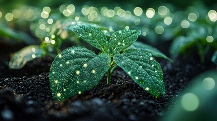Smart farming glowing soybean sprout in field, background bokeh