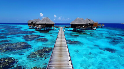 A breathtaking aerial view captures stunning expanse of Maldives island, showcasing luxurious water villas resort and intricate wooden piers against backdrop