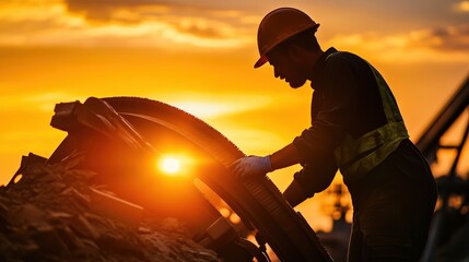 Worker operating heavy machinery at sunset, showcasing industrial activity in a construction site