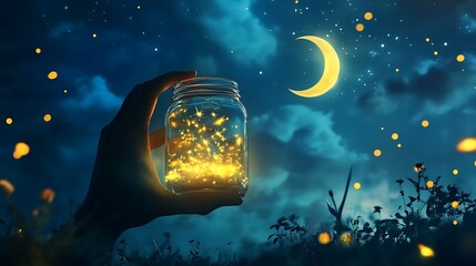 A hand cradles a jar filled with flickering fireflies against a breathtaking backdrop of a starry night sky, illuminated by the gentle glow of a crescent moon.