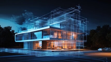 Obraz premium A modern building with blueprints and wireframe holograms overlaying it, highlighting the architectural design of an energy-efficient home in Montreal at night.