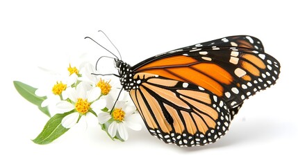 Fototapeta premium Close-up of butterfly gently landing on white flower, isolated against clean background, capturing the beauty nature with delicate details, soft tones, and peaceful composition