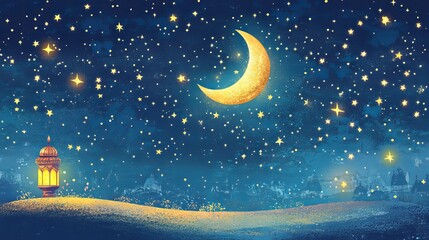 Fototapeta premium Ramadan Kareem! Celebrate with a beautiful moon and Arabian lantern against a starry night sky. Eid Mubarak!