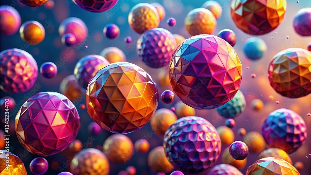 Poster abstract 3d rendering: monochrome polygonal balls in fluid motion