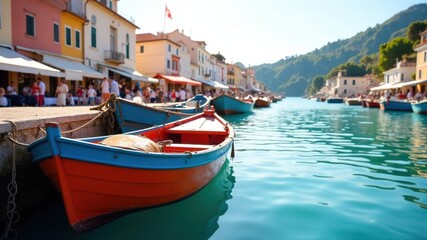 Fototapeta premium Colorful Fishing Village Boatscape - Sunlit Harbor
