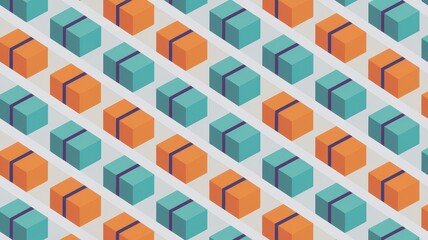 Obraz premium A vibrant pattern of turquoise and orange gift boxes neatly arranged on a white background, creating a cheerful and festive atmosphere.