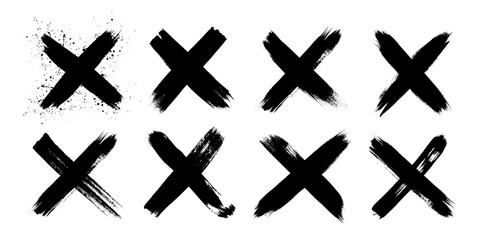 Obraz premium Hand drawn dirty grunge brush strokes cross x vector illustration icon set. Cross mark wrong symbol graphic design collection. Check mark symbol NO button for vote in check box, web, etc.