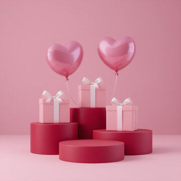 Pink valentine heart background with podium, gift boxes, and balloons in a romantic setting