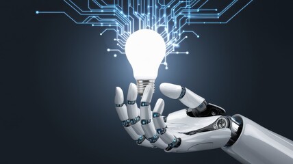 A futuristic robotic hand delicately holding a glowing light bulb, symbolizing innovation and technology's role in illuminating ideas.
