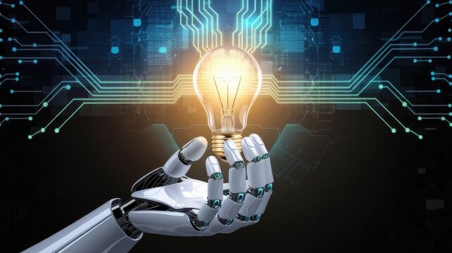A futuristic robotic hand delicately holds a glowing light bulb, symbolizing innovation and technology. The backdrop features circuit-like graphics.