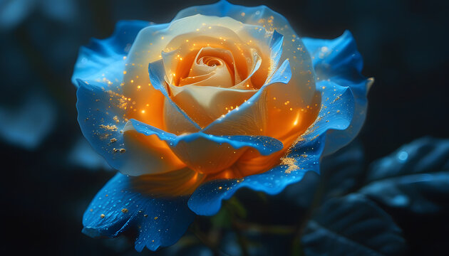 Blue and white rose with gold glitter