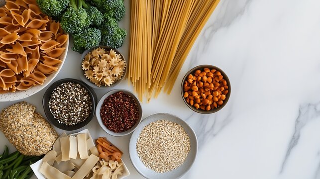 Balanced diet meal of plant based options including gluten free pasta and nutrient rich foods displayed with minimalist styling