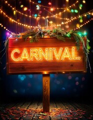 Wooden carnival signboard with glowing neon letters spelling 'Carnival', decorated with festive garlands and mini confetti, placed against a dark background for contrast