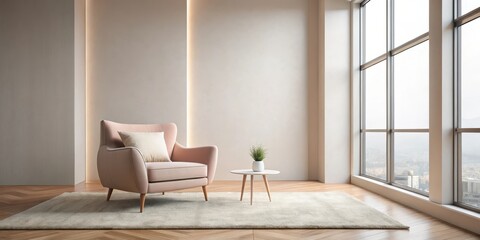 Fototapeta premium Serene Minimalist Living Room with a Blush Armchair and Expansive Window View