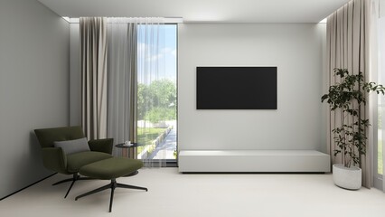 This cozy space features a green armchair with an ottoman, a small side table, a TV on the wall, large windows offering a view of greenery, and soft, light-colored flooring