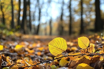 Obraz premium A close-up of fallen leaves on the forest floor, creating an autumnal scene with blurred trees in the background.