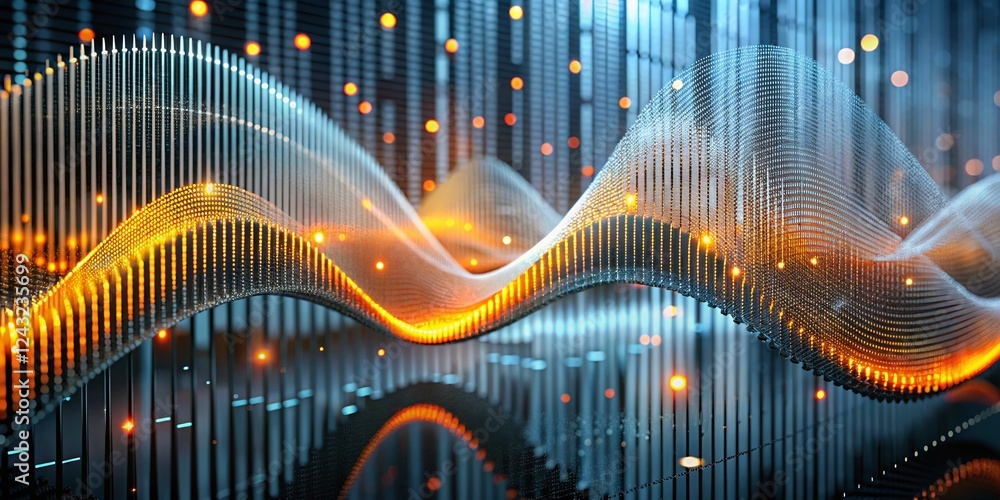 Poster abstract orange and grey glowing particle waveform background - architectural digital art