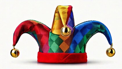 Classic harlequin jester hat with three curved points, each ending in golden bells, featuring a checkered red, blue, green, and yellow pattern, isolated on a white background
