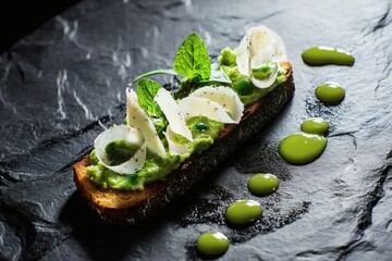 Whole grain toast with green pea puree, mint, and Parmesan.