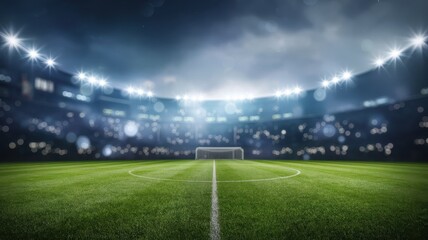 A vibrant and illuminated soccer field under dramatic stadium lights, creating an electric atmosphere for an upcoming match.