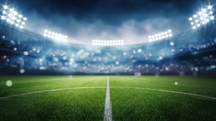 A beautifully illuminated soccer field under a dramatic night sky, showcasing vibrant green grass and bright stadium lights in a dynamic atmosphere.