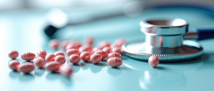 Baclofen Capsules on Medical Surface - Stethoscope Closeup