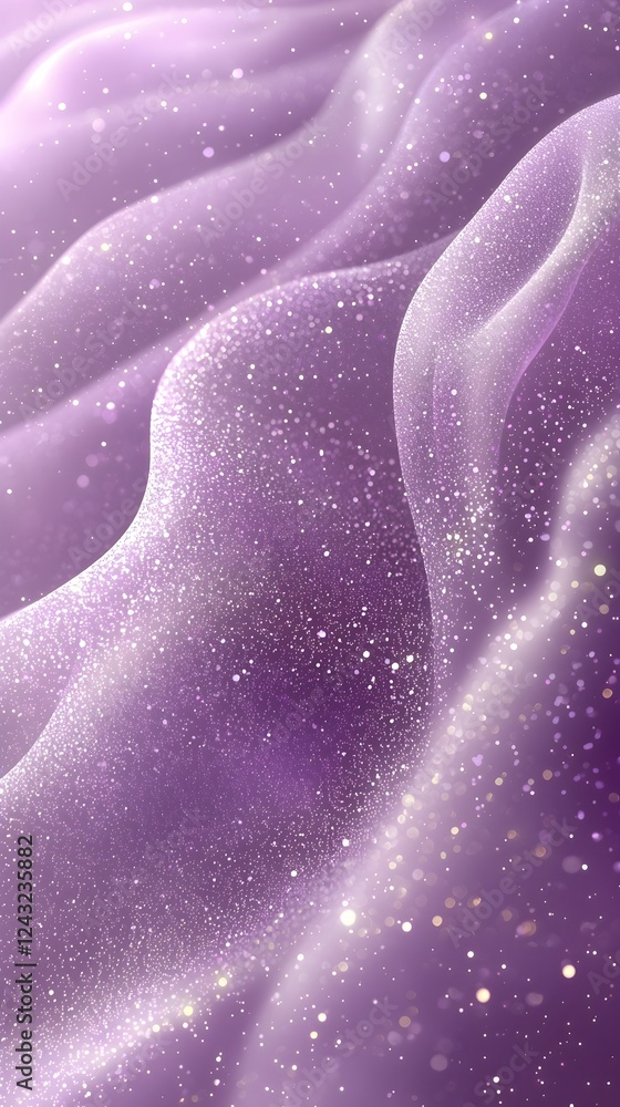 Poster a mesmerizing abstract image depicting flowing waves of soft purple fabric adorned with sparkling gl