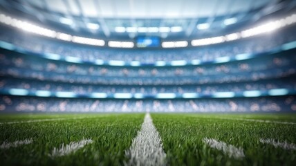 A panoramic view of a vibrant stadium field, featuring lush green grass and white yard lines, set against a blurred crowd background.