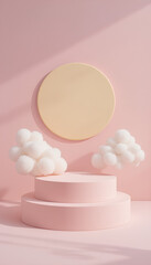 Pastel pink valentine heart background with minimalist 3d podium, fluffy clouds, and soft sun for product display