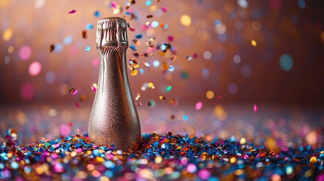 Sparkling champagne bottle surrounded by colorful confetti, celebrating a joyous occasion
