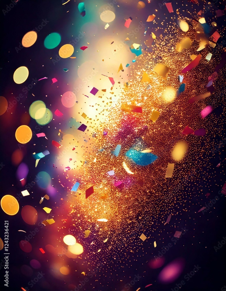 Wall mural dynamic explosion of colorful confetti and streamers in mid-air, with a blurred festive background a